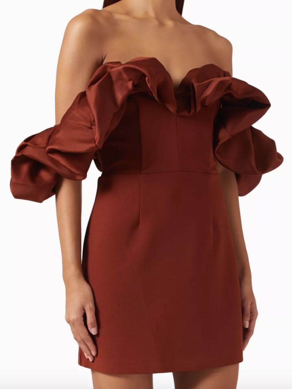 Elliatt Solae Tulip Mini Dress Brown Ruffle Bubble Off the Shoulder - SMALL
